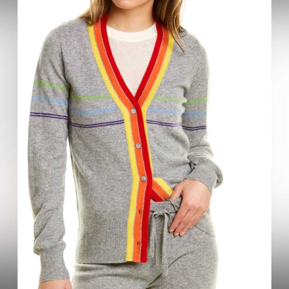 NWT Madeleine Thompson Fitted Cashmere Cardigan Sweater, Gray Button Up Wool S